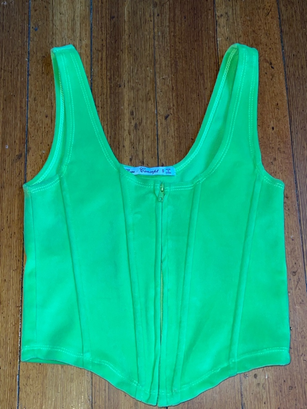 Roma Concept Neon Green Zip Front Cropped Corset Silhouette Top